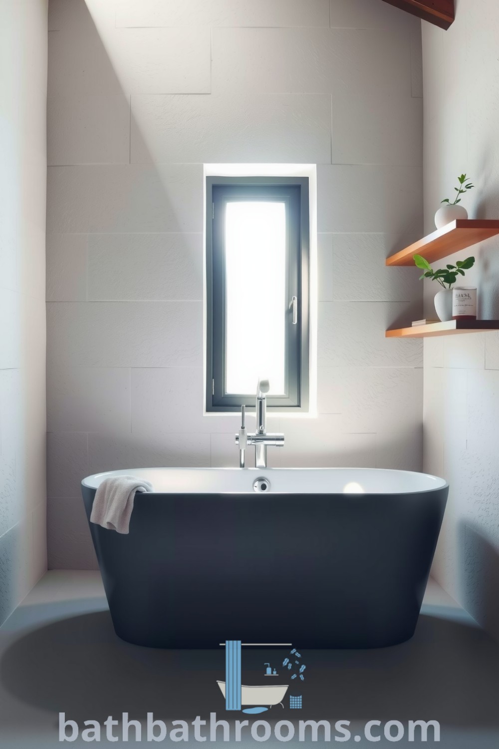 Minimalist bathroom featuring a silver freestanding tub, pale stone walls, wooden shelves with plants, and natural light creating a tranquil atmosphere. Explore more decor ideas for small spaces at bathbathrooms.com.
