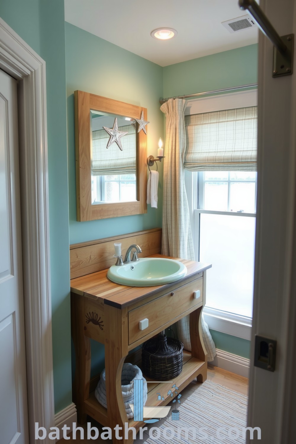 Coastal bathroom featuring soft aqua walls, a driftwood vanity, a seafoam-green sink, and starfish motifs, creating a tranquil seaside vibe. Discover unique decor ideas for your home at bathbathrooms.com.