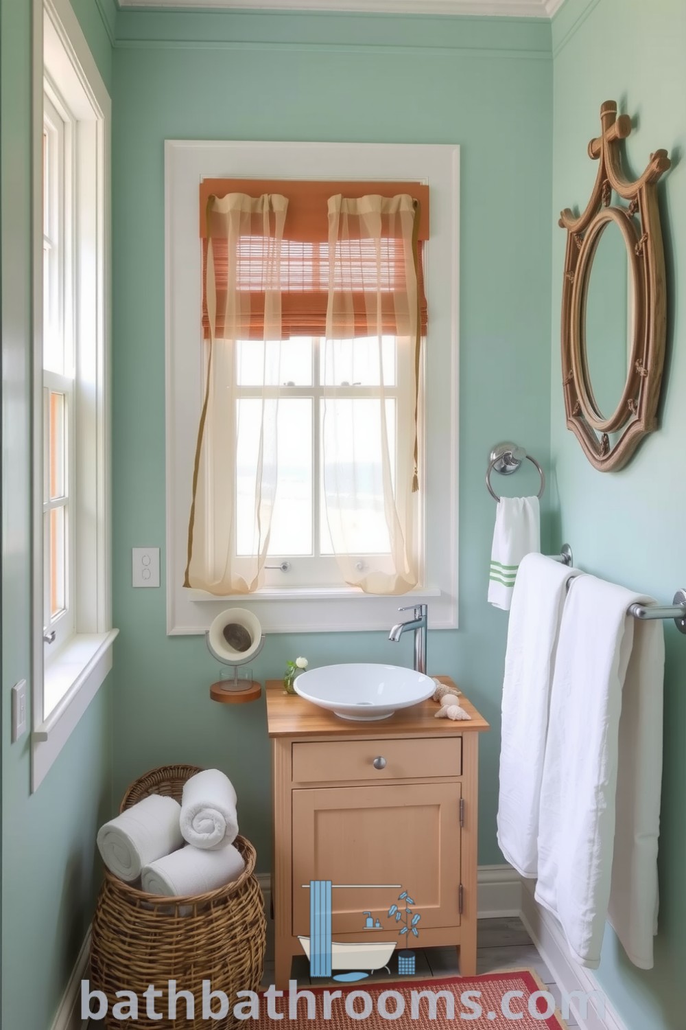 Coastal bathroom featuring soft aqua walls, a vintage wooden vanity with seashells, a white porcelain sink, woven baskets of towels, and maritime decor, creating a serene and inviting retreat. Explore cozy ideas and decor inspirations for your home at bathbathrooms.com.