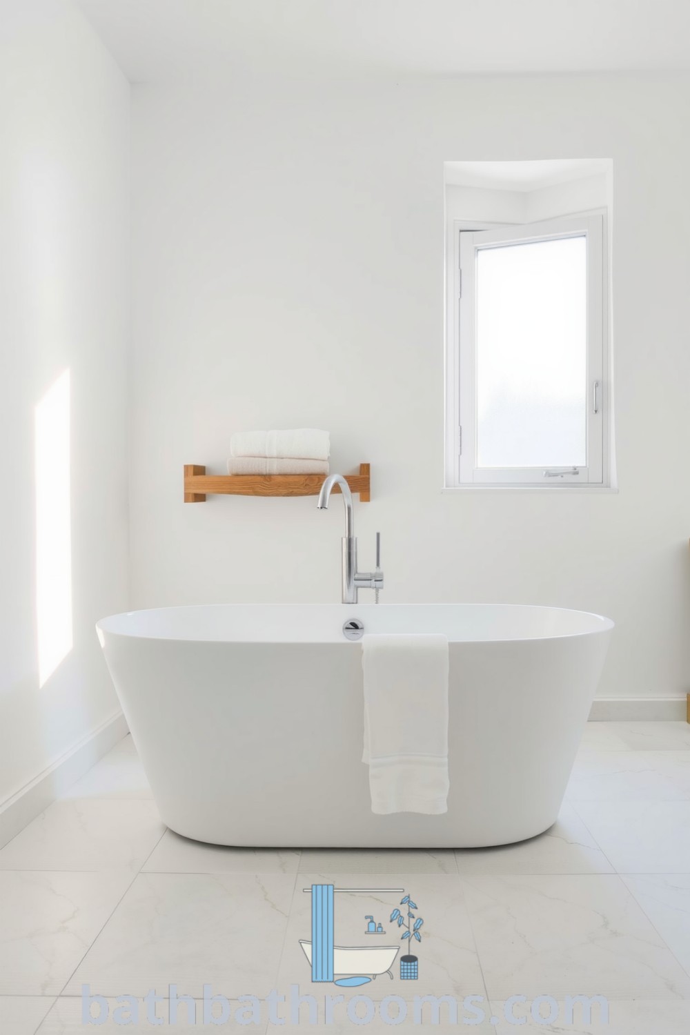 Cozy minimalist bathroom featuring a sleek freestanding tub on stone tiles, warm wood accents, and natural light streaming through a frosted window. Discover more design ideas for your home at bathbathrooms.com.