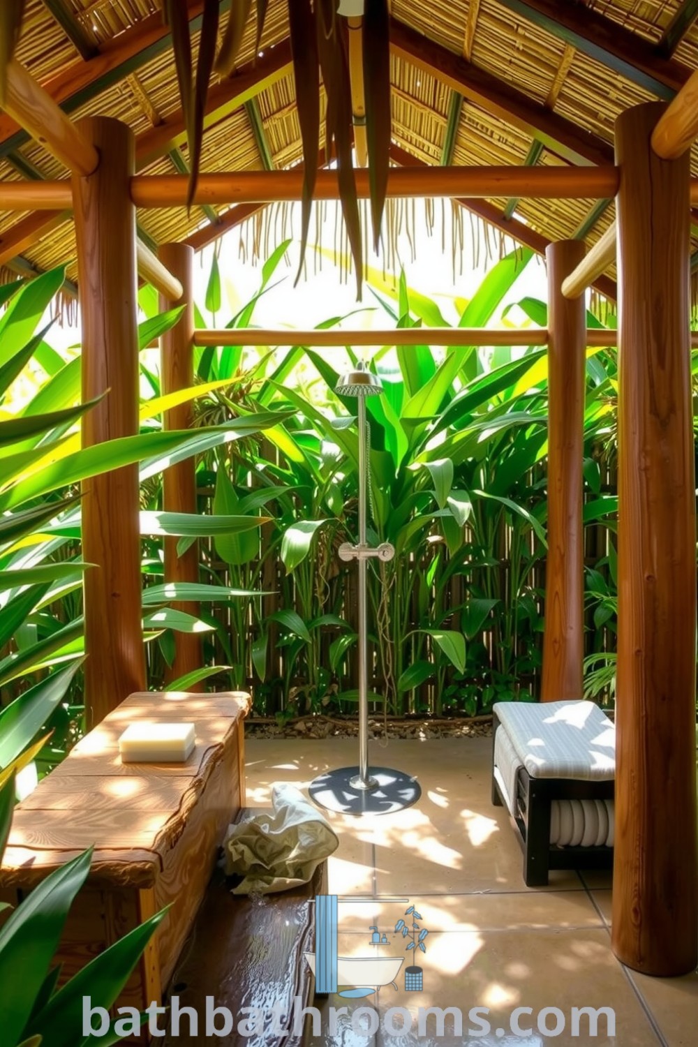 Tropical outdoor shower with wooden beams, palm-frond roof, lush greenery, smooth stone floor, teak bench, and aromatic herbs, creating a serene escape. Discover unique decor ideas for your home at bathbathrooms.com.