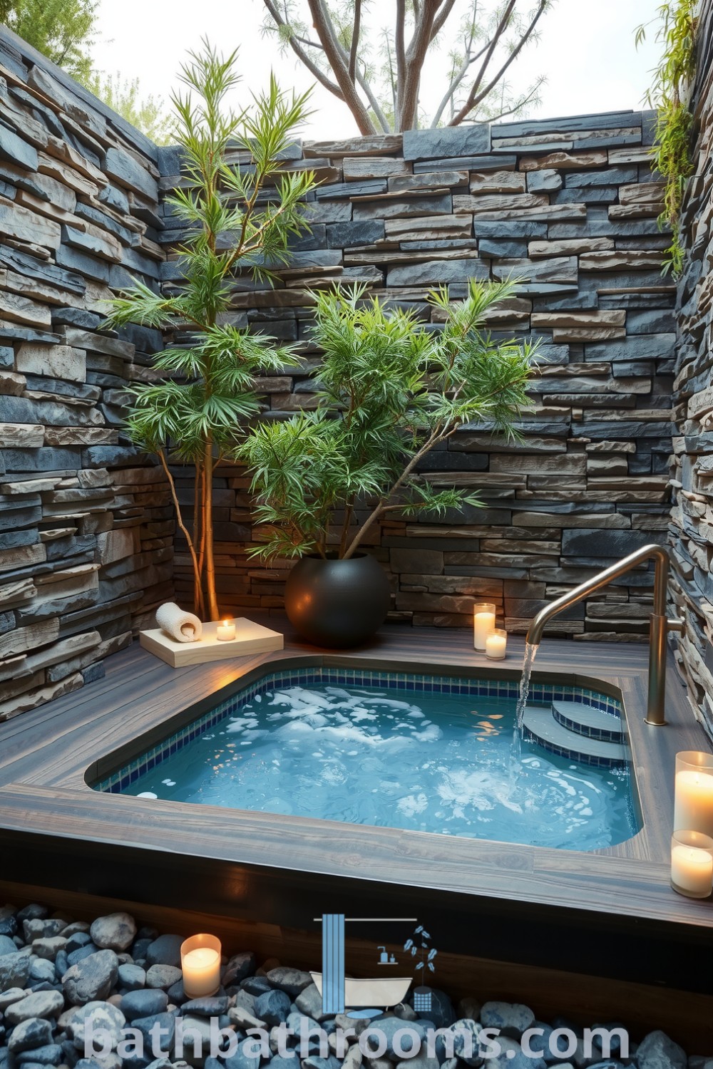 Outdoor bathroom featuring natural stone walls, a weathered wooden deck, a sunken soaking tub with candles, and bamboo trees, creating a tranquil spa retreat. Discover inspiring ideas for your home at bathbathrooms.com.