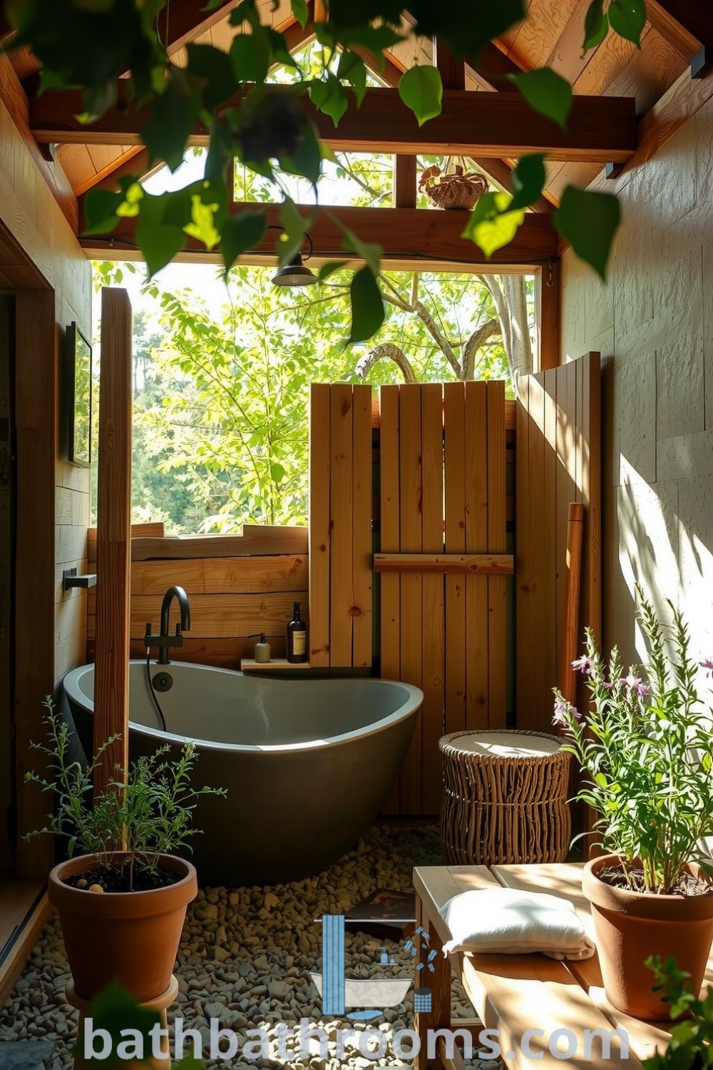Rustic outdoor bathroom featuring wooden beams, pebble-stone floor, and a privacy screen around a soaking tub, surrounded by greenery and wildflowers. Explore more cozy decor ideas at bathbathrooms.com.