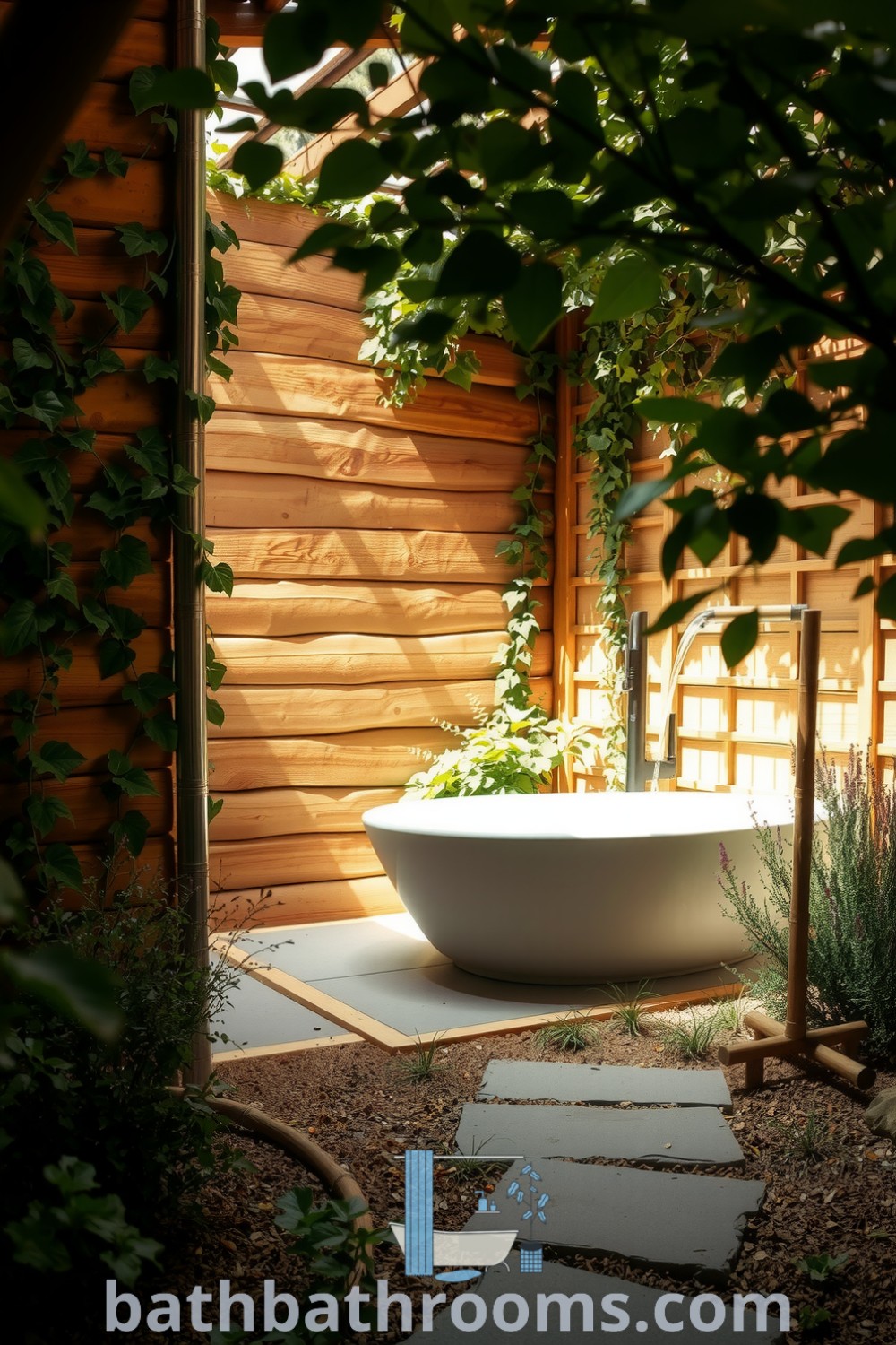 Outdoor bathroom with eco-friendly design featuring rough-hewn wood walls, creeping ivy, a freestanding bath surrounded by herbs, and a bamboo spout, creating a tranquil atmosphere for relaxation. Discover more unique ideas for your home at bathbathrooms.com.