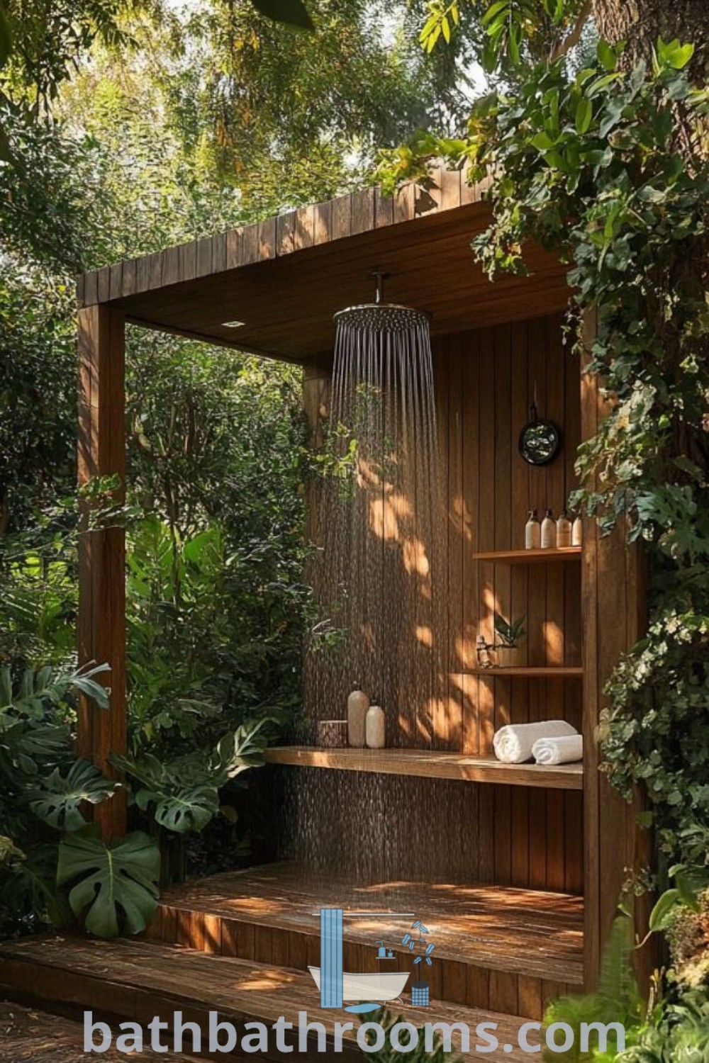 An outdoor shower surrounded by greenery and trees, showcasing luxurious design ideas for an outdoor spa. The rustic elements create a cozy aesthetic perfect for private gardens. Explore unique outdoor shower inspiration at bathbathrooms.com.