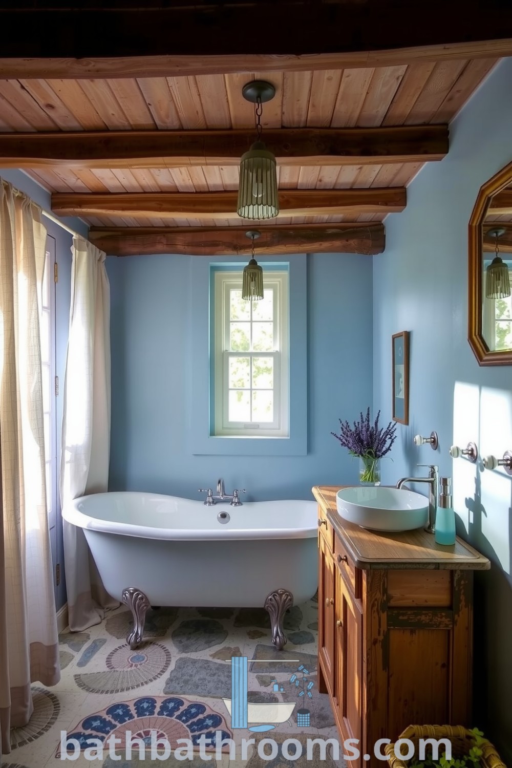 Cozy Blue Provence bathroom featuring soft blue walls, a vintage clawfoot tub, rustic wooden beams, and dried herbs, creating a tranquil and inviting atmosphere. Discover inspiring decor ideas for your home at bathbathrooms.com.