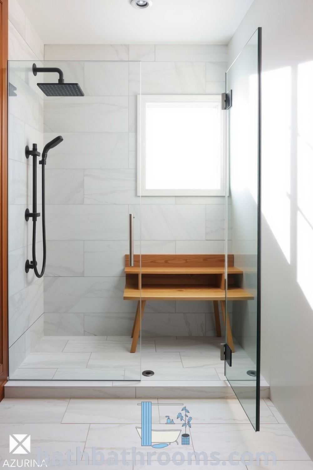 Cozy white-themed bathroom featuring a frameless glass shower, sleek stone tiles, warm wooden accents, and a wooden bench for relaxation, creating a serene and inviting atmosphere. Discover unique ideas for your home at bathbathrooms.com.