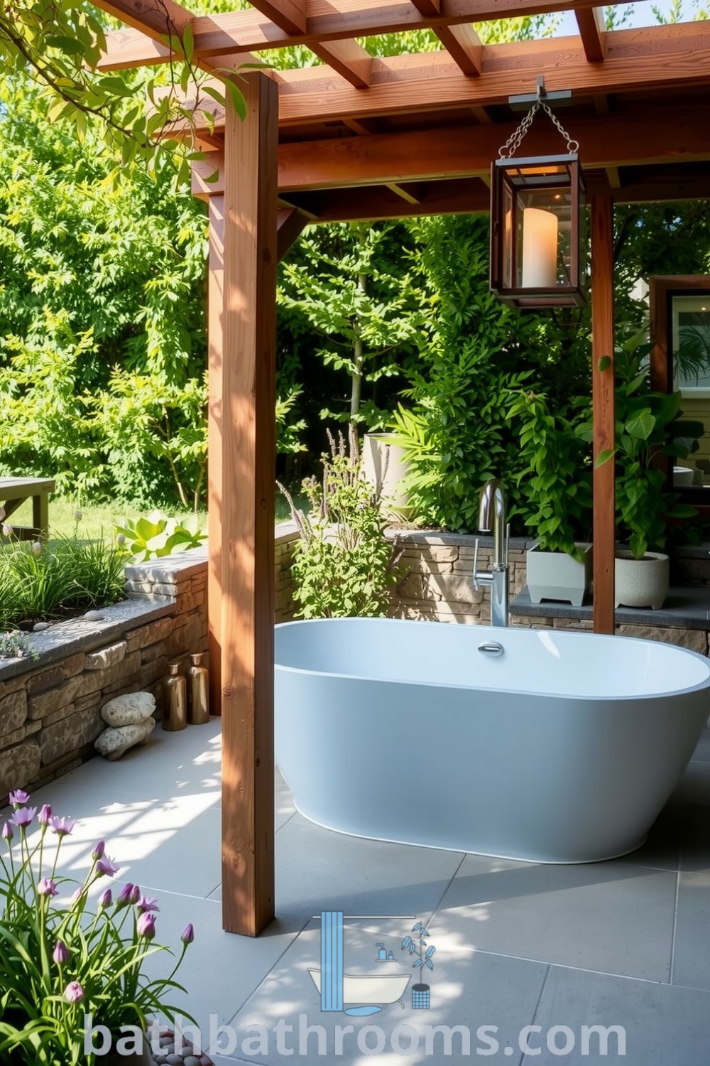 Outdoor bathroom spa featuring natural stone walls, a freestanding soaking tub, pebble floor, and surrounding greenery, creating a serene retreat for relaxation. Discover more inspiring decor ideas at bathbathrooms.com.
