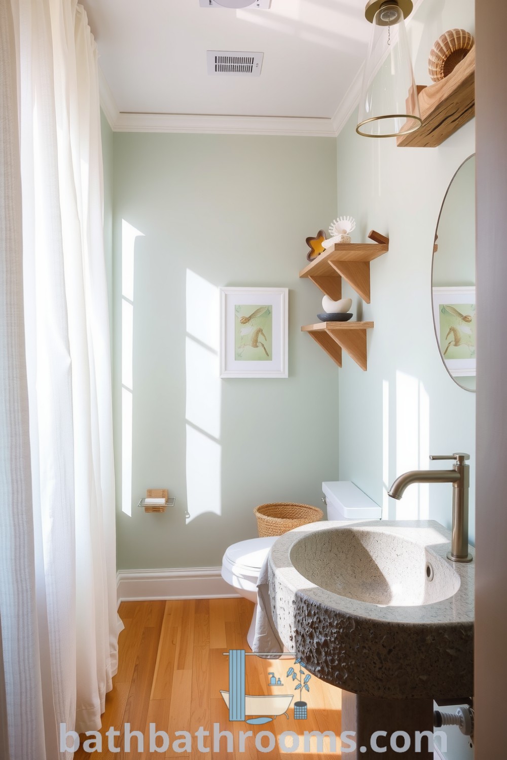 Cozy beach bathroom featuring seafoam green and sandy beige tones, driftwood shelves, a textured stone sink, and soft white curtains, creating a tranquil atmosphere reminiscent of the shore. Discover more inspiring decor ideas for your home at bathbathrooms.com.