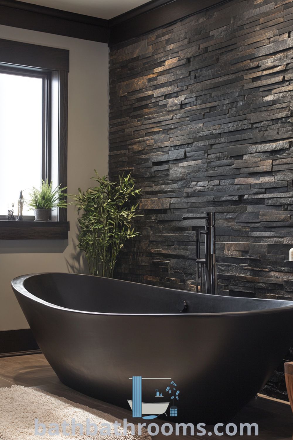 Elegant black bathroom featuring textured stone walls, a modern deep tub, warm wooden accents, and soft natural light, creating a soothing retreat. Discover cozy decor ideas at bathbathrooms.com.