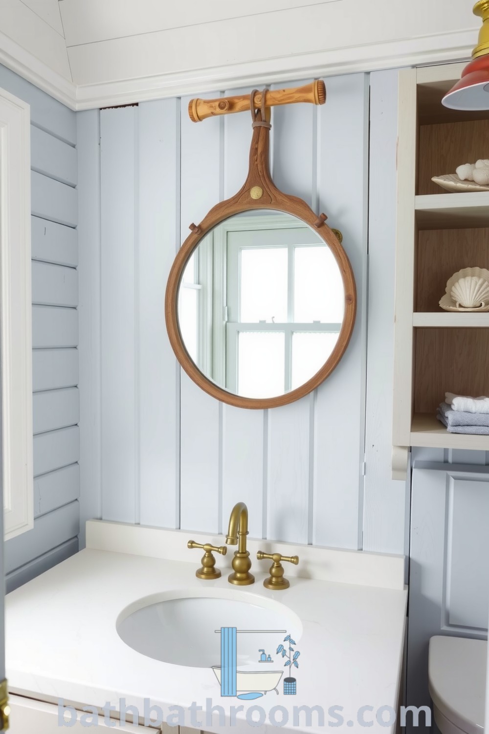 Nautical-style bathroom featuring soft coastal hues of pale blue and sandy beige, weathered wooden cabinetry, a white stone countertop, and decorative seashells, creating a tranquil retreat. Discover more unique decor ideas at bathbathrooms.com.