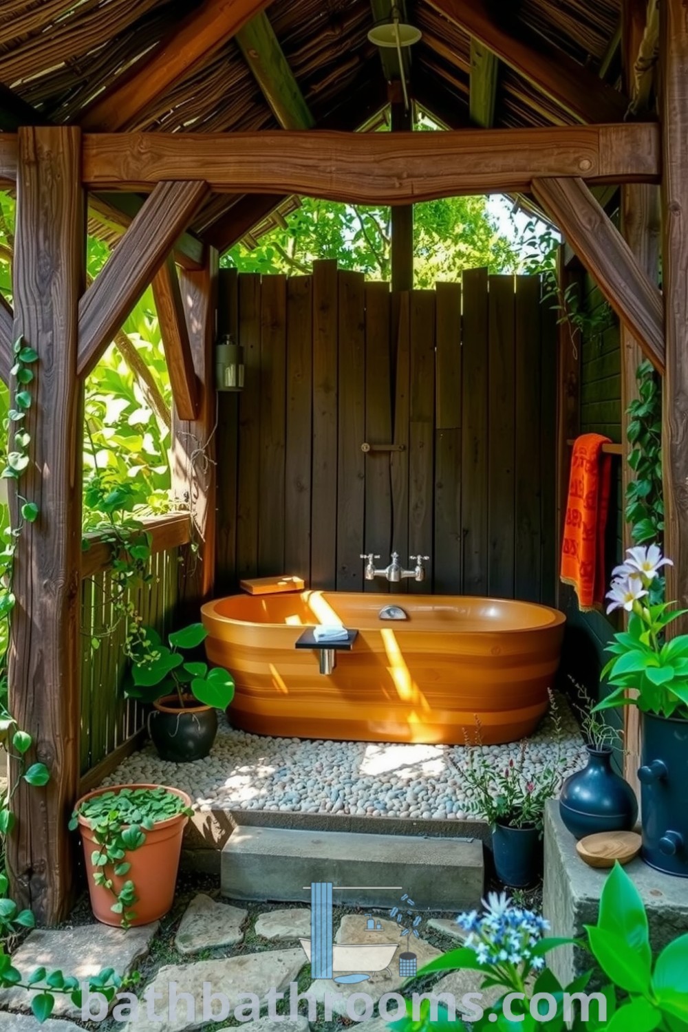 Rustic outdoor bathroom featuring a handmade cedar tub under a thatched roof, surrounded by lush greenery and a pebble floor, offering cozy design ideas and nature-inspired decor inspirations. Discover more unique ideas for your home at bathbathrooms.com.