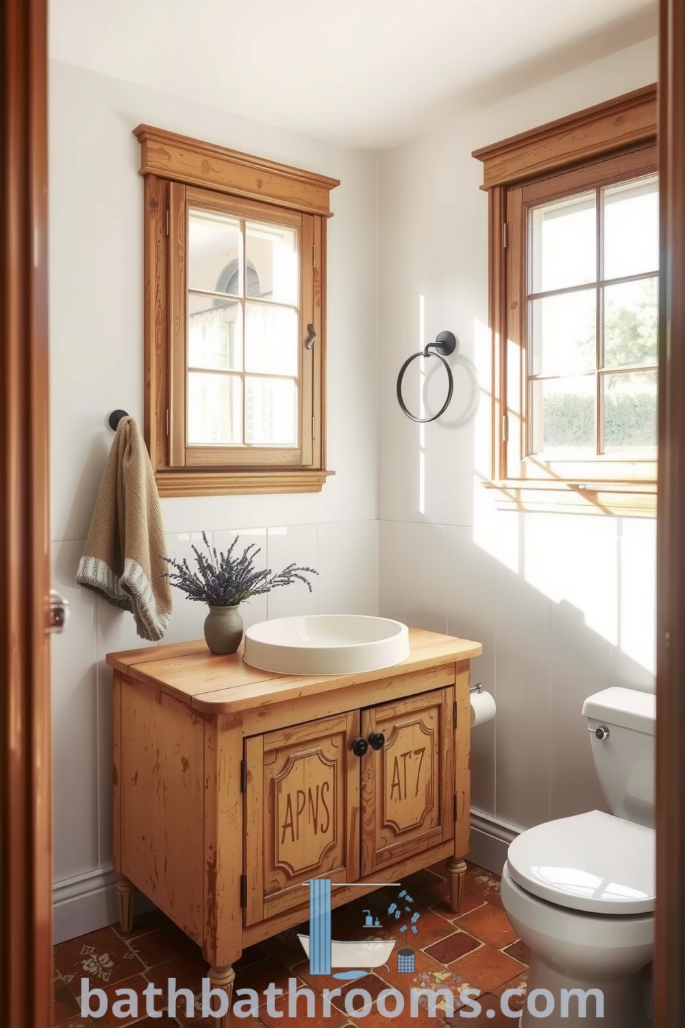 Cozy Provence bathroom featuring soft white walls, rustic terracotta tiles, a vintage wooden vanity with a porcelain basin, and a fresh lavender vase, creating an inviting and serene atmosphere. Discover more cozy ideas for your home at bathbathrooms.com.