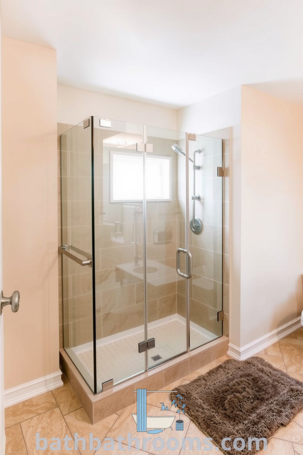 Spacious bathroom with a beige frameless glass shower, sunlit cream walls, textured stone tiles, and soft lighting, creating a warm and inviting atmosphere. Discover inspiring decor ideas for your home at bathbathrooms.com.