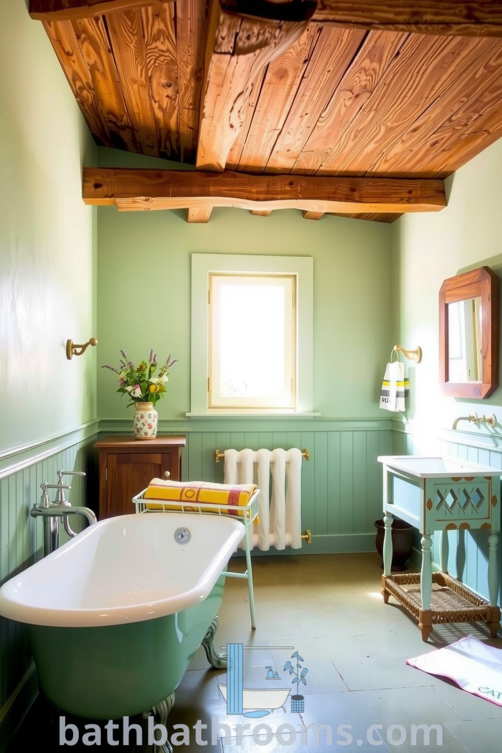 Cozy Provence bathroom featuring mint green walls, a vintage clawfoot tub, rustic wooden beams, and an antique mirror, creating a warm and inviting atmosphere. Discover inspiring decor ideas for your home at bathbathrooms.com.