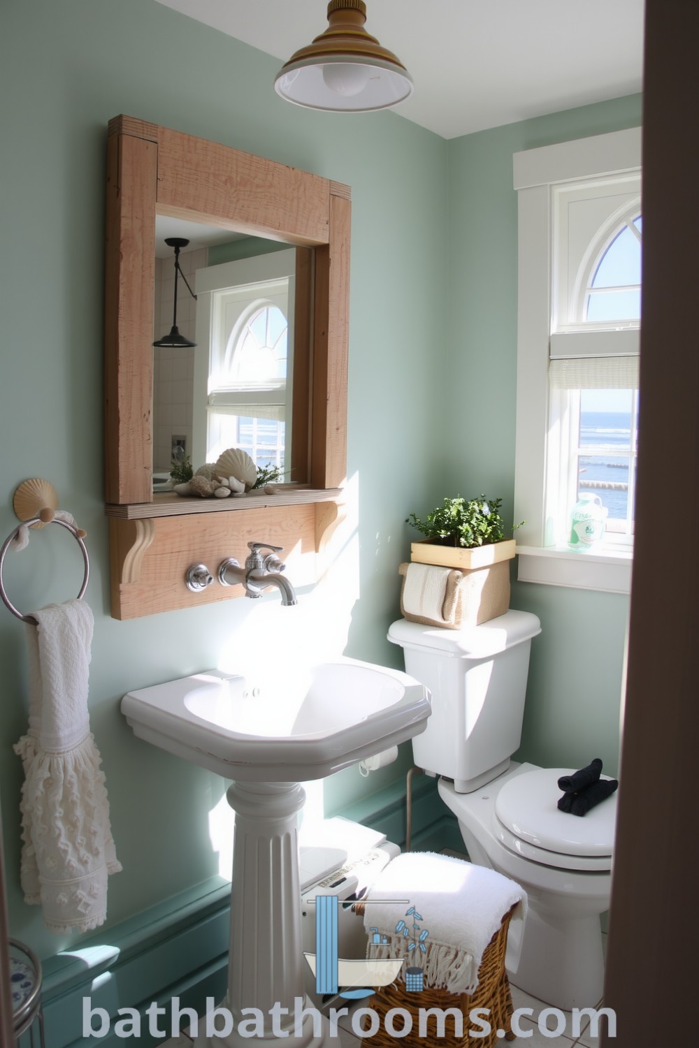 Coastal bathroom featuring soft seafoam green walls, weathered wood accents, a rustic mirror, seashells, and a porthole-style window, creating a refreshing and inviting atmosphere. Discover inspiring decor ideas for your home at bathbathrooms.com.