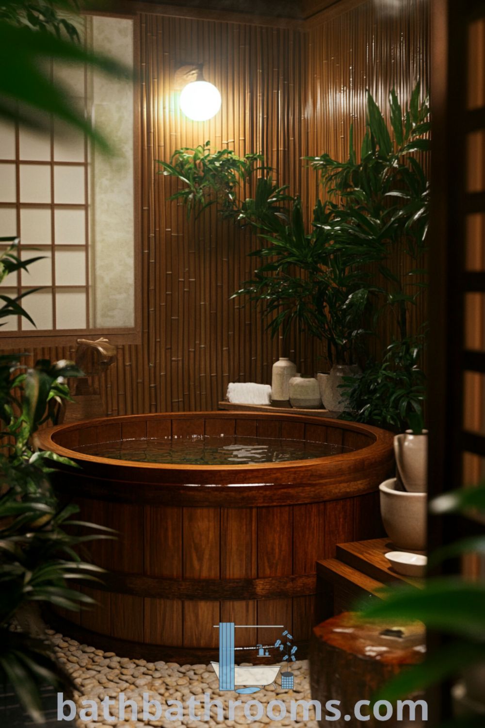 Serene Japanese bathroom with a wooden tub, pebble tiles, bamboo paneling, and green plants, creating a cozy and inviting atmosphere. Discover unique ideas for a cozy home at bathbathrooms.com.