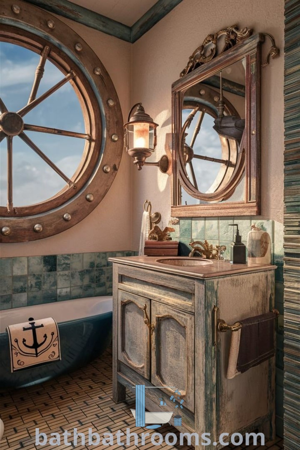 A vintage bathroom with an old-fashioned bathtub, sink, and large round window, showcasing ship-themed decor and cozy nautical inspirations. This dreamy marine bathroom incorporates elements of pirate and lighthouse designs, making it an inviting space for relaxation. Discover more decor ideas at bathbathrooms.com.