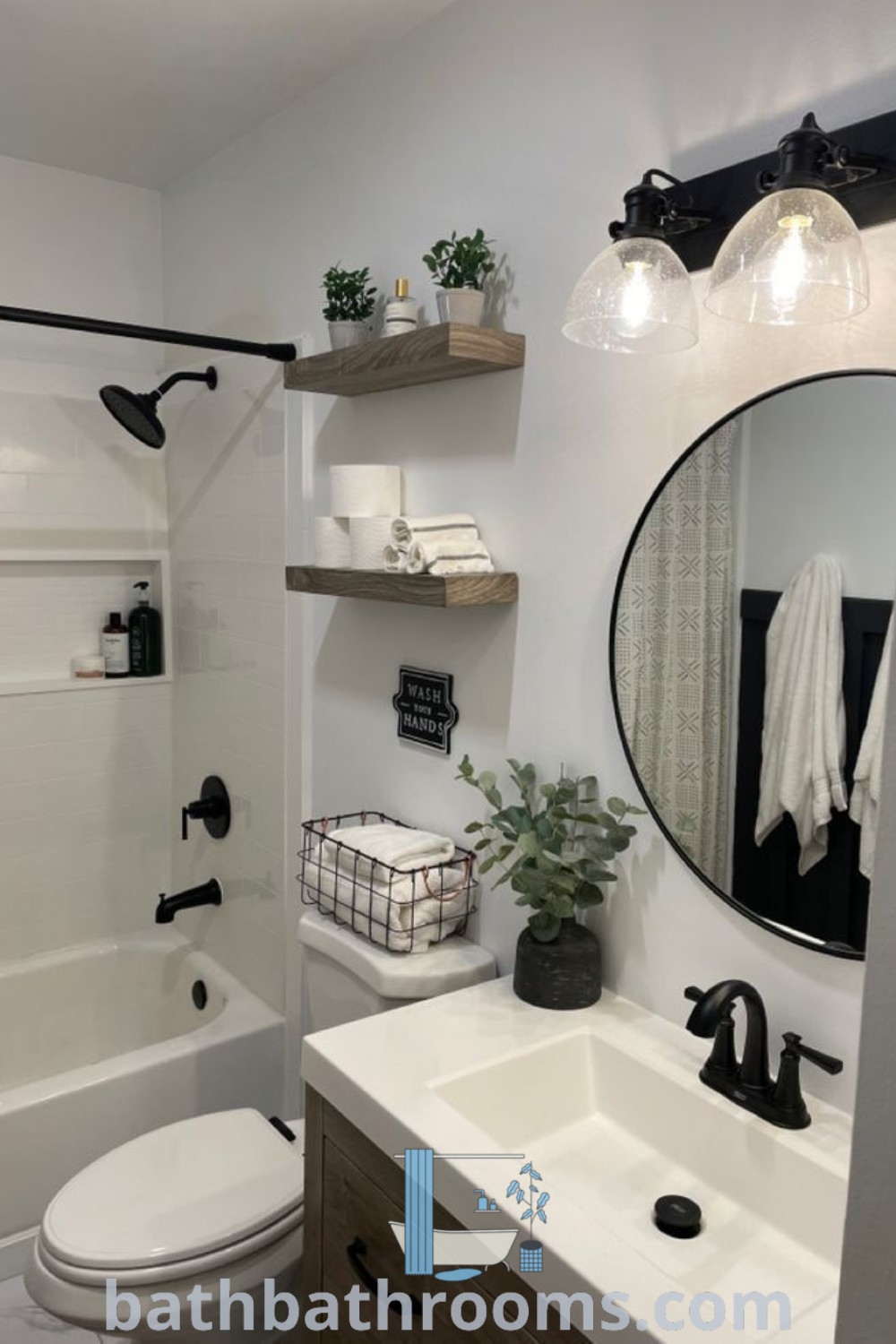 A cozy bathroom designed in the Casa Hobbit style, showcasing a sink, toilet, and bathtub in a harmonious farmhouse aesthetic. This inviting decor idea combines functionality with inspiring design trends for apartment spaces, perfect for those seeking unique ideas from bathbathrooms.com.