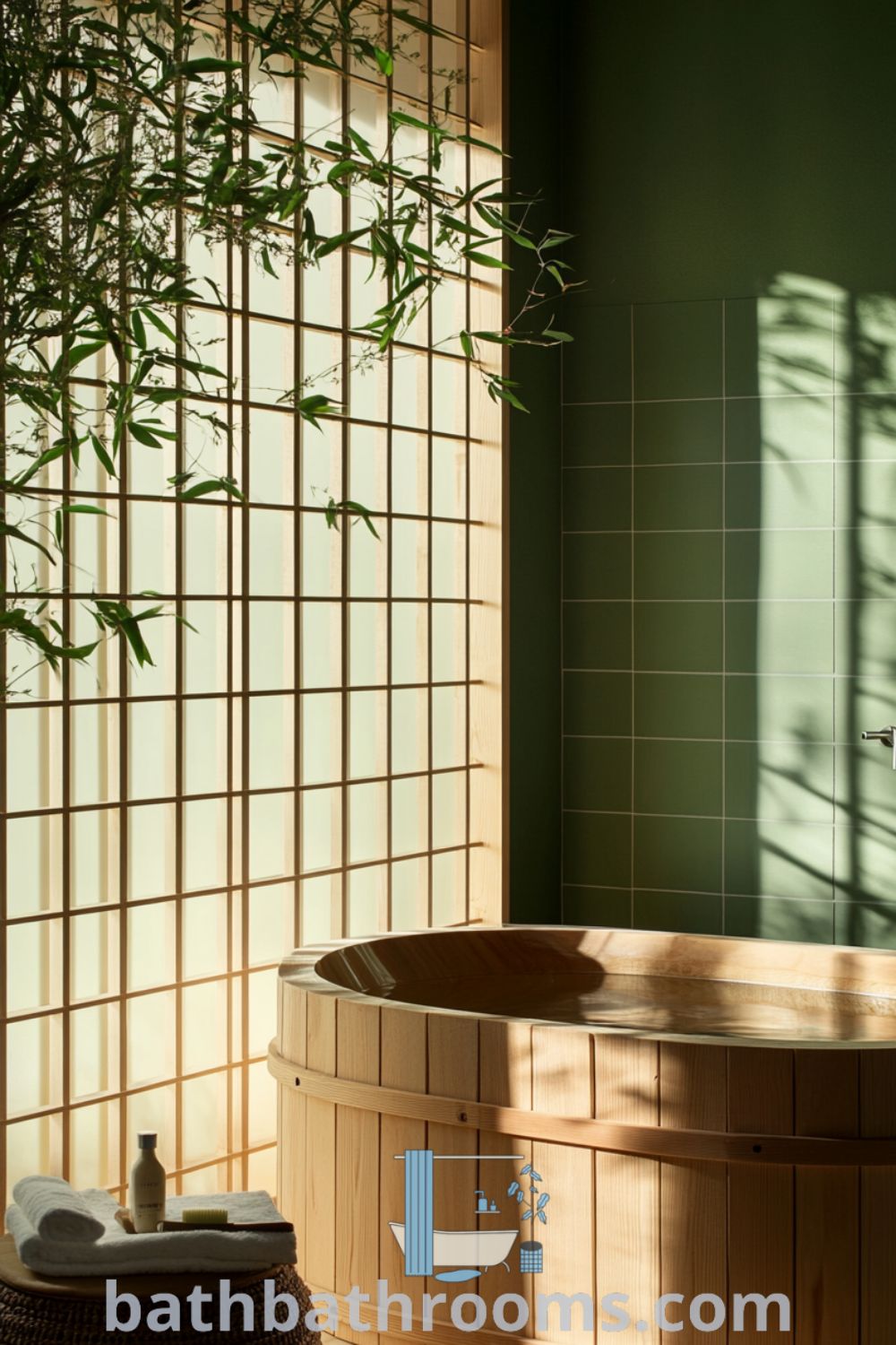 Cozy Japanese bathroom featuring a deep wooden tub, creamy tiles, and potted bamboo plants, all bathed in soft light, creating a tranquil retreat. Discover inspiring decor ideas for your home at bathbathrooms.com.