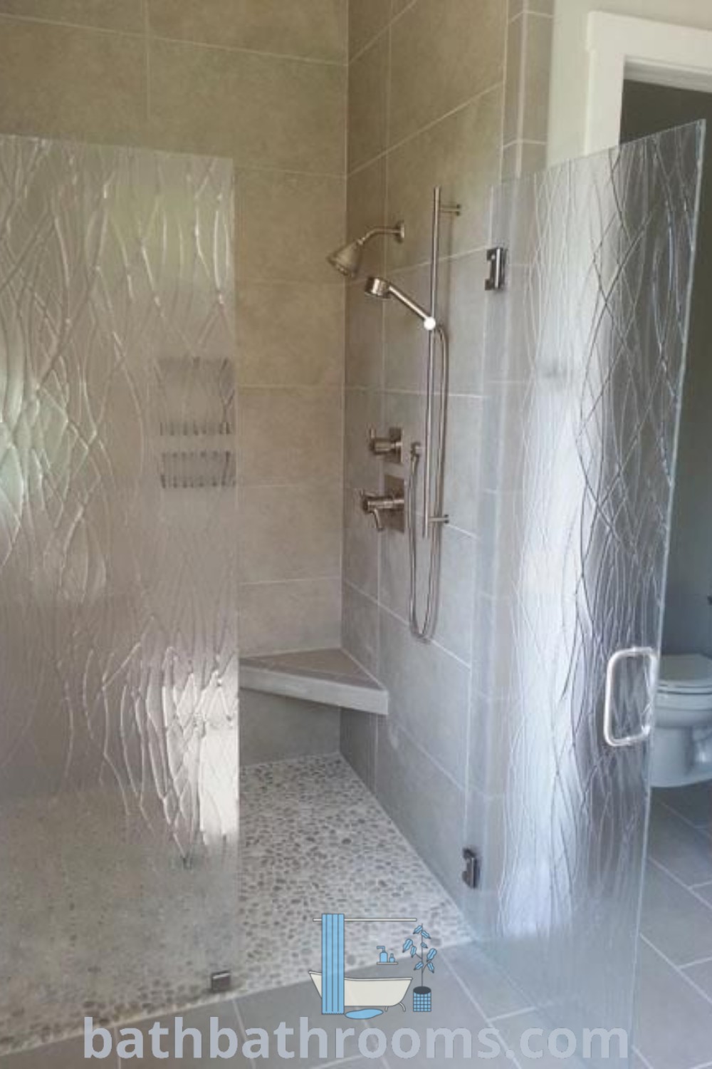 A stylish bathroom featuring a half wall shower and textured glass shower doors next to a toilet, showcasing beautiful beach bathroom decor and architecture. Explore unique glass shower enclosure designs and inspiring ideas for a cozy home at bathbathrooms.com.
