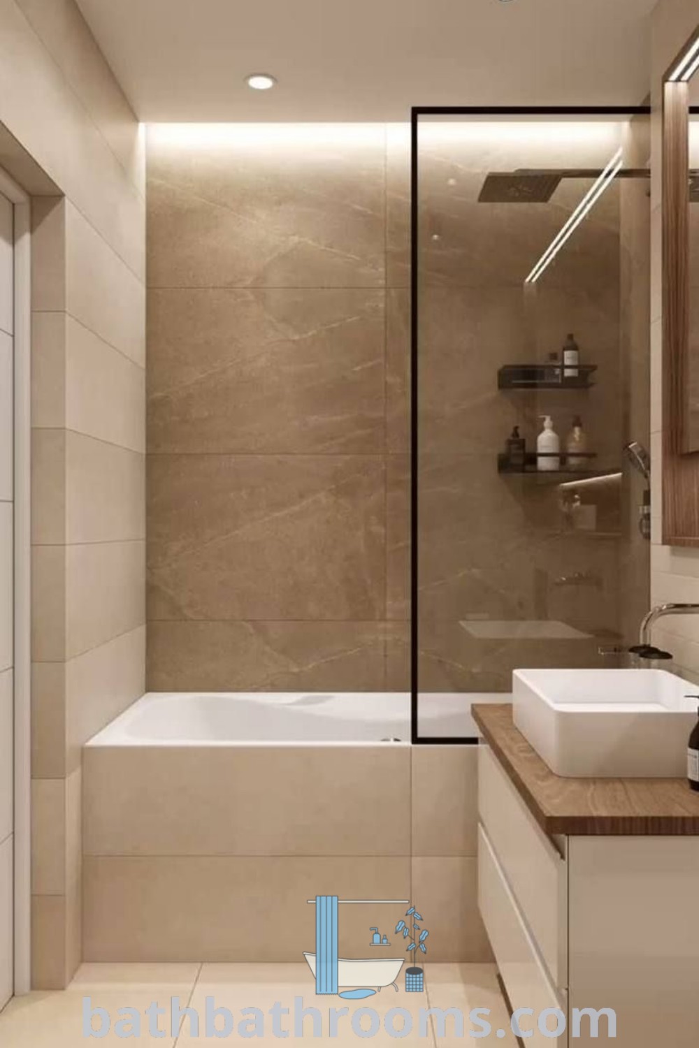 A small luxury bathroom featuring a clean design with a bathtub and shower stall, elegantly decorated in beige tones. Highlights include modern small bathrooms decor and luxury master bathroom elements. Discover more inspiring bathroom ideas at bathbathrooms.com.