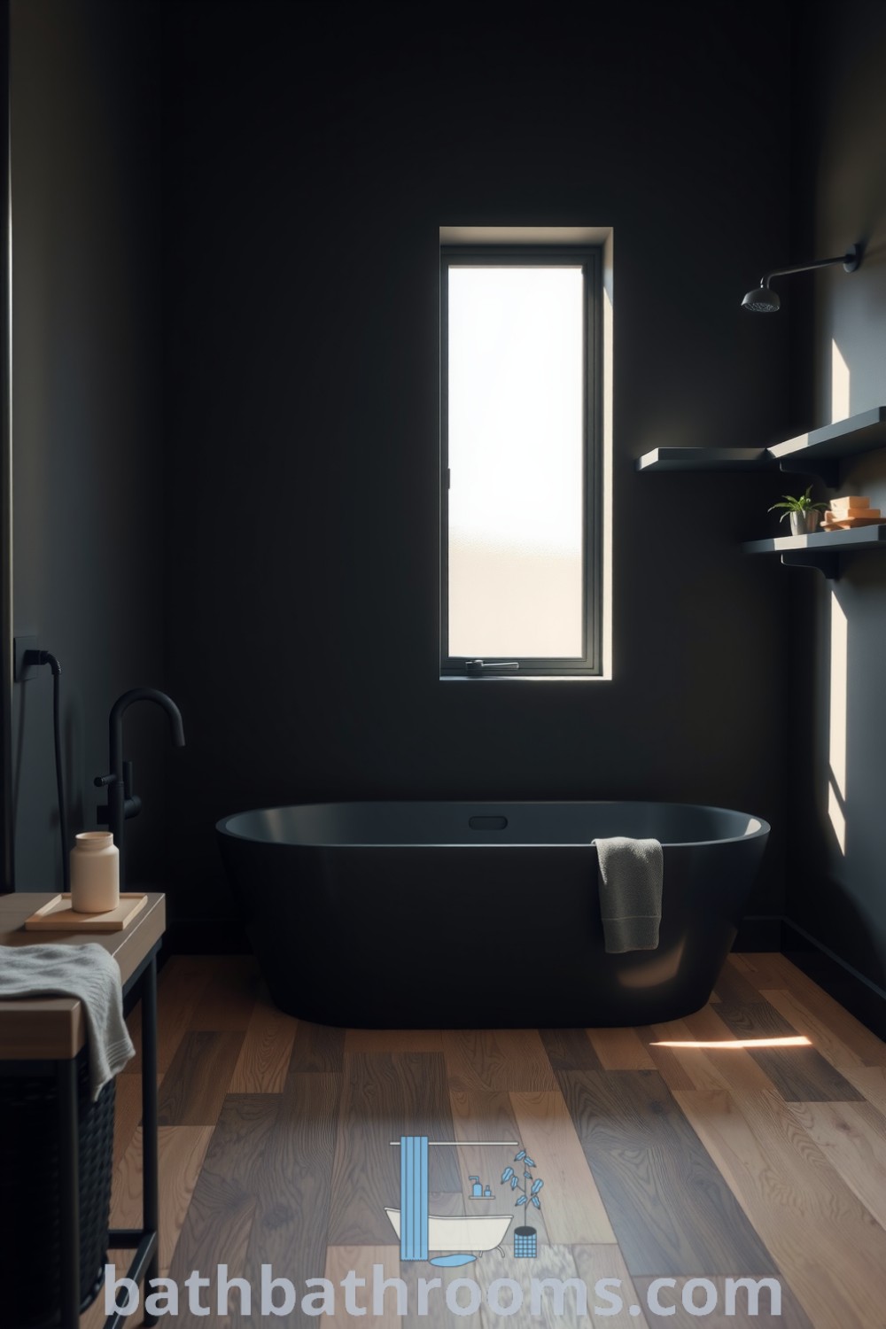 A minimalist black bathroom featuring a sleek matte black freestanding tub, warm wooden flooring, and sunlight streaming through a frosted window, showcasing decor inspirations for a cozy aesthetic. Discover unique ideas for your home at bathbathrooms.com.