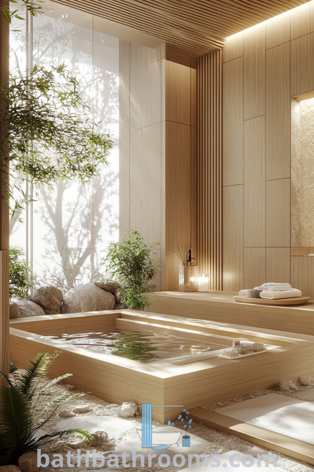 Cozy Japanese bathroom with soft lavender hues, a deep soaking tub, cedar cabinetry, bamboo accents, and potted ferns, creating a tranquil oasis for relaxation. Discover inspiring decor ideas at bathbathrooms.com.