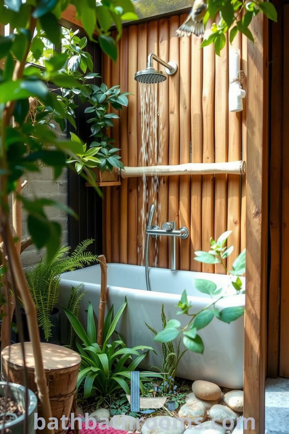 Eco-friendly outdoor bathroom featuring reclaimed wood, smooth river stones, a rustic bamboo shower, and fragrant plants, creating a tranquil and inviting escape into nature. Discover more inspiring decor ideas at bathbathrooms.com.