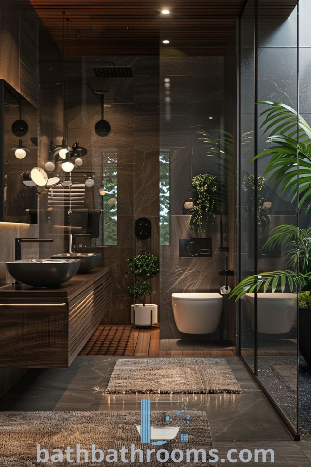 A modern bathroom with wood and glass walls, featuring floor-to-ceiling windows and potted plants beside a bathtub. This design embodies cozy aesthetics and luxury, making it an inspiring choice for small dark bathroom ideas. Discover more decor inspirations at bathbathrooms.com.