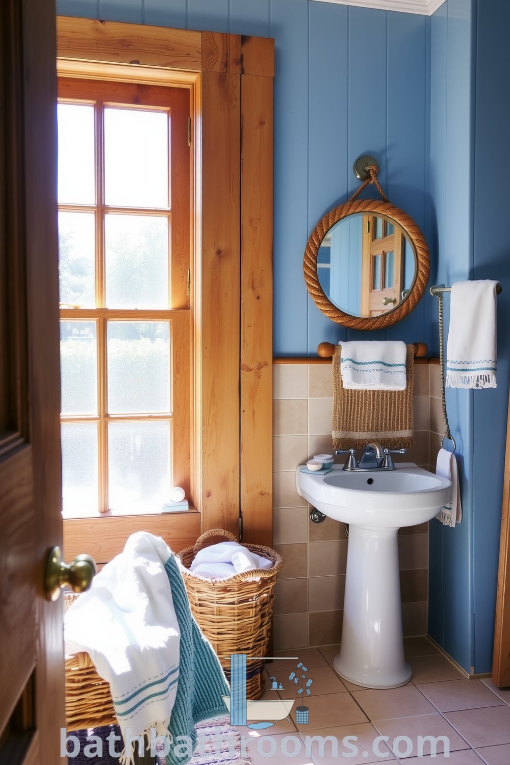 Cozy coastal bathroom featuring soft blue tones, weathered wooden fixtures, nautical decor, fresh white towels, and sunlight streaming through frosted glass, creating a warm and inviting atmosphere. Discover unique decor ideas for your home at bathbathrooms.com.