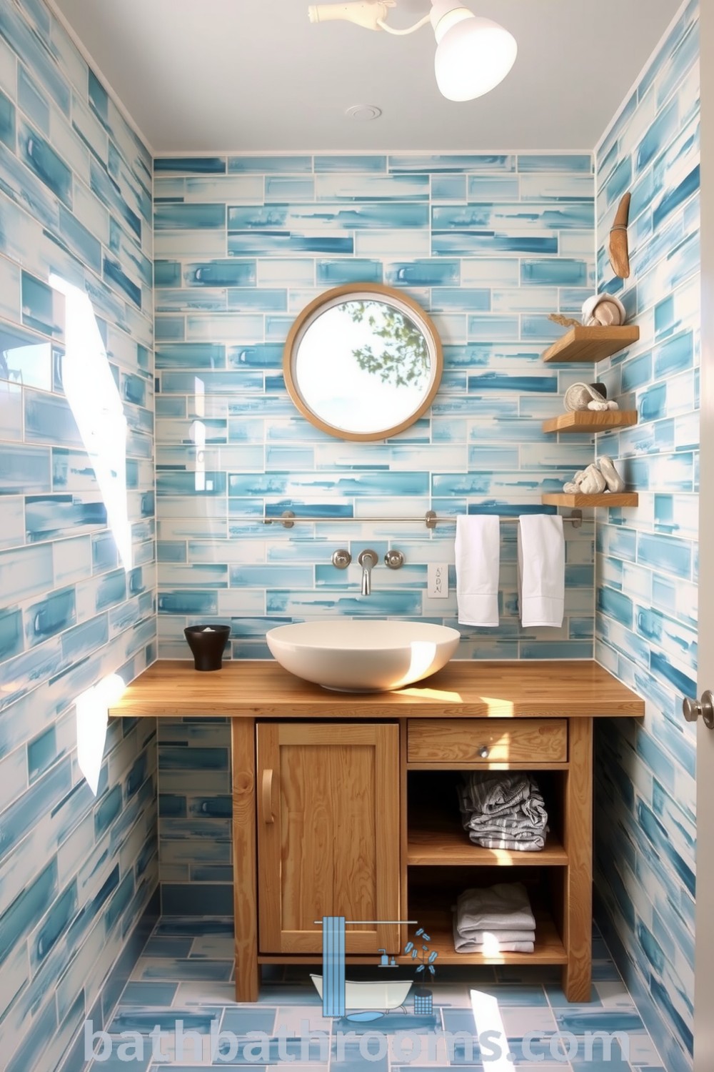 Cozy ocean-inspired bathroom with aquamarine tiles, weathered wooden vanity, light stone basin, and nautical decor, creating a serene and inviting atmosphere. Discover inspiring decor ideas for your home at bathbathrooms.com.