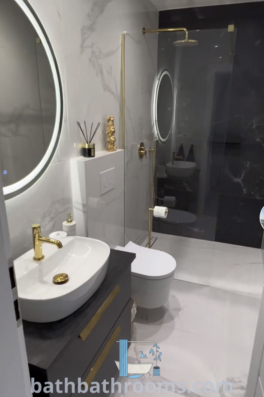 A stylish guest bathroom showcasing a sink, mirror, and toilet designed for small spaces. Featuring modern decor ideas and inspirations for an authentic bathroom experience, explore unique ideas to maximize style and functionality at bathbathrooms.com.