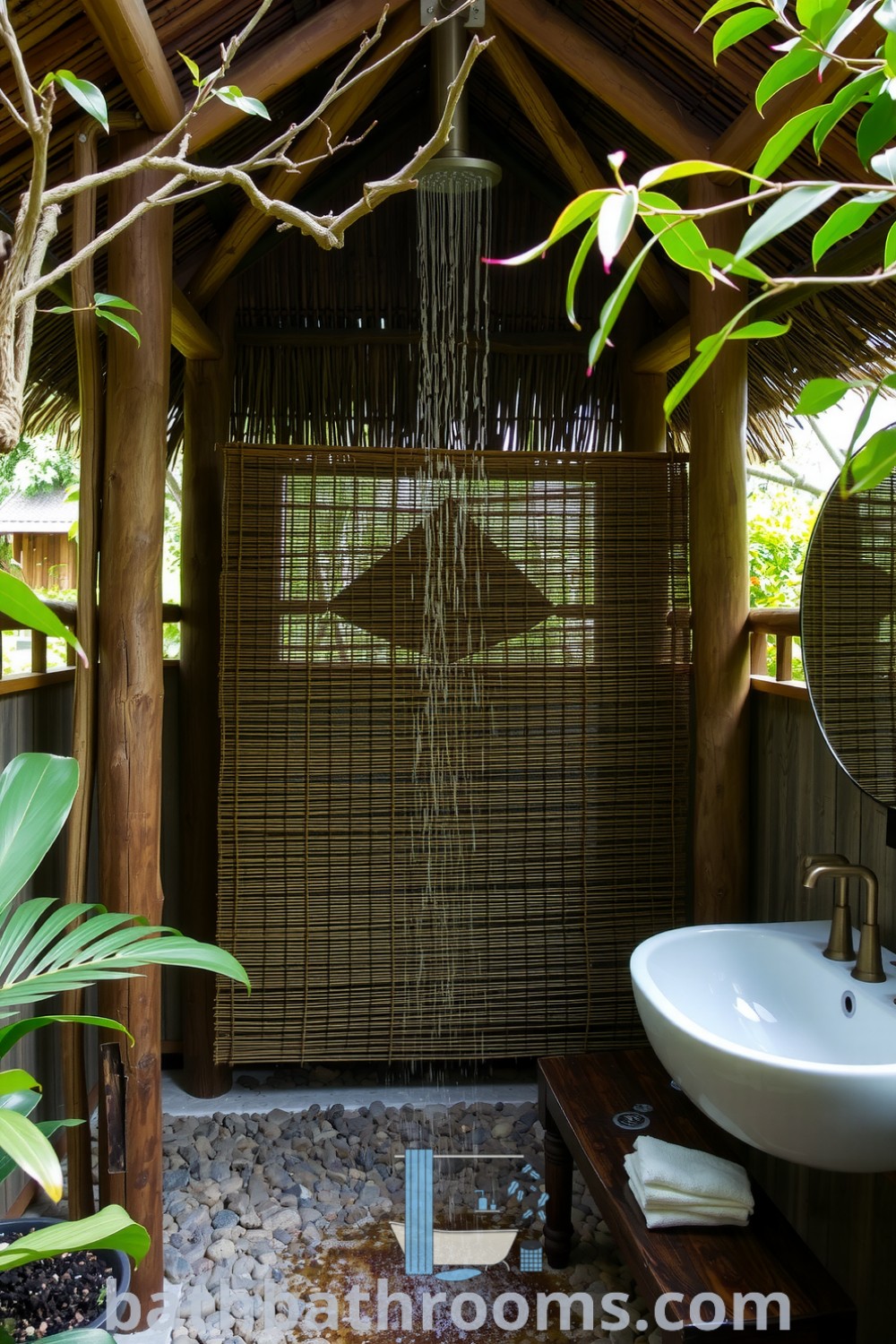 Cozy eco-friendly garden bathroom featuring weathered wooden beams, a thatched roof, pebble-stone flooring, and a bamboo screen, creating a serene and inviting atmosphere. Discover unique ideas for your home at bathbathrooms.com.