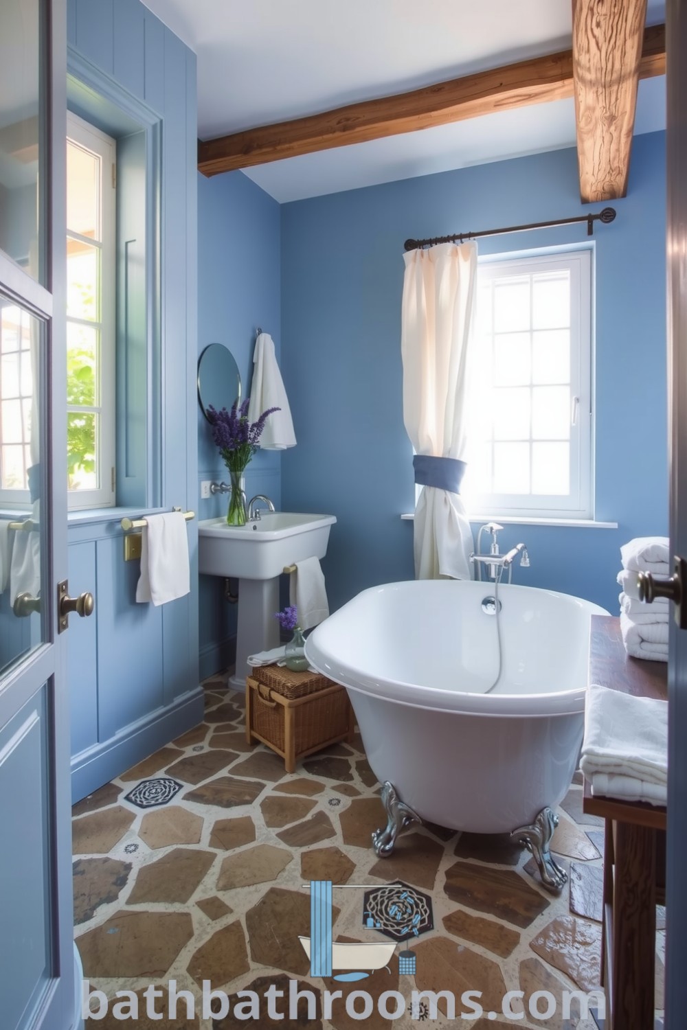 Cozy Provence bathroom featuring calming blue tones, weathered stone tiles, a freestanding tub, and warm wooden accents, creating a serene escape. Discover inspiring decor ideas at bathbathrooms.com.