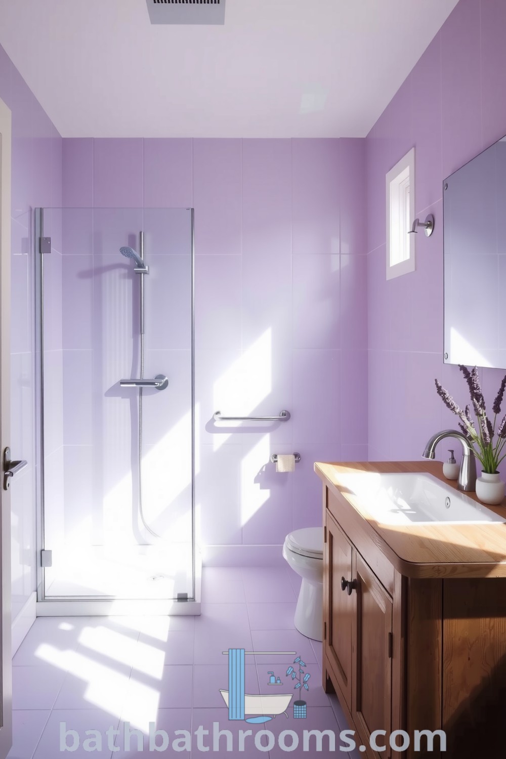 Lavender bathroom with soft lilac walls, a frameless glass shower, a weathered wooden vanity, and potted lavender plants, creating a tranquil and cozy atmosphere. Discover more cozy decor ideas at bathbathrooms.com.