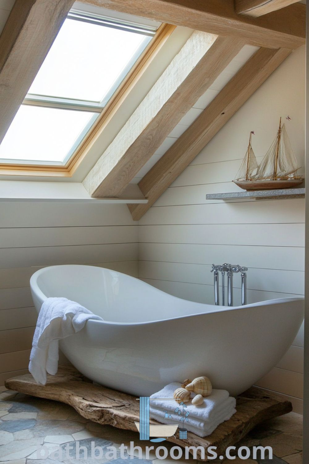 A cozy maritime bathroom featuring soft blue and sandy beige hues, weathered wooden beams, a freestanding bathtub, and a driftwood shelf with towels and seashells, creating a relaxing coastal vibe. Discover more cozy decor ideas at bathbathrooms.com.