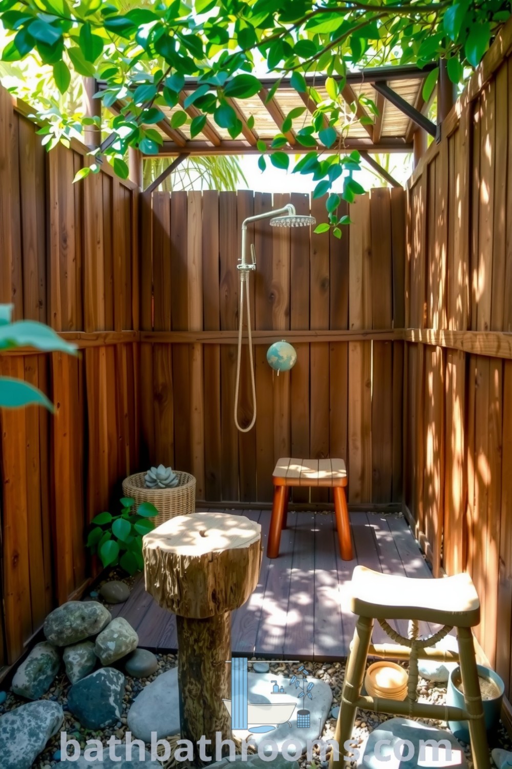 Eco-friendly outdoor bathroom featuring rough-hewn wooden planks, smooth river stones, a bamboo shower, a wooden stool, and a potted succulent, creating a serene atmosphere in the garden. Discover more inspiring decor ideas for your home at bathbathrooms.com.