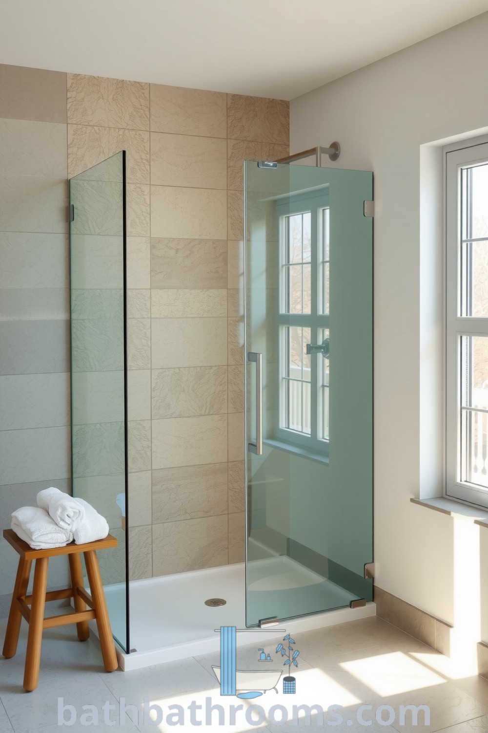 Modern bathroom with a frameless glass shower, light grey tiles, textured stone wall, warm sunlight, and a wooden stool with fluffy towels, creating a cozy and inviting atmosphere. Discover inspiring decor ideas and unique designs for your home at bathbathrooms.com.