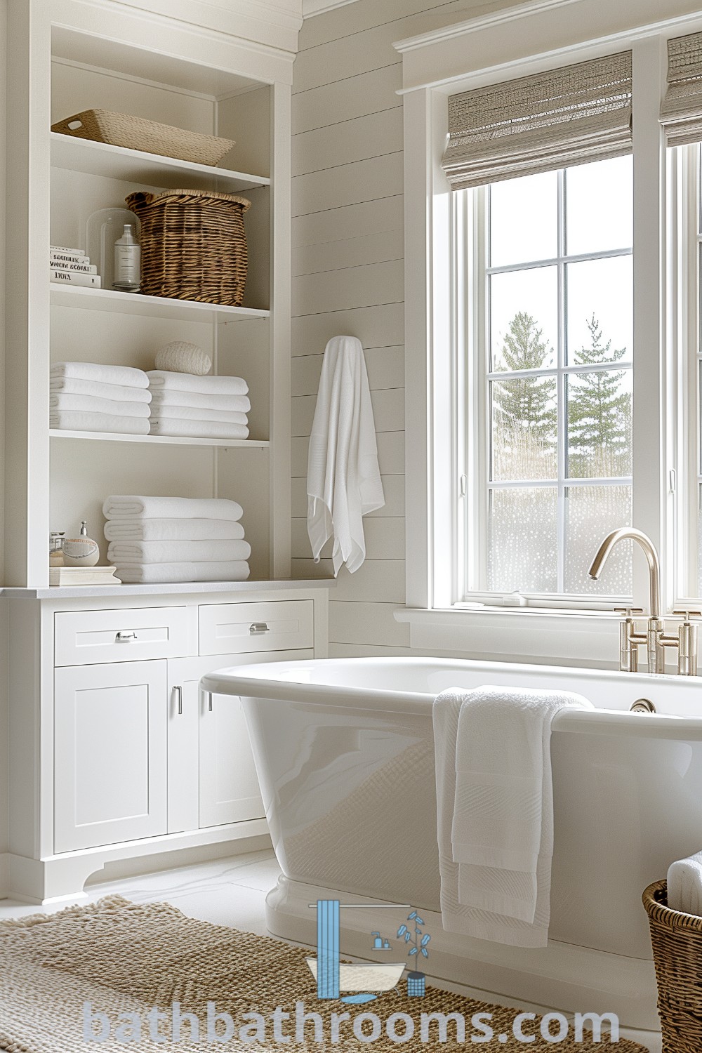 An elegant bathroom with white walls and flooring showcasing a large bathtub in the center, embodying a cozy aesthetic with inspiring decor ideas. Discover more unique designs at bathbathrooms.com.