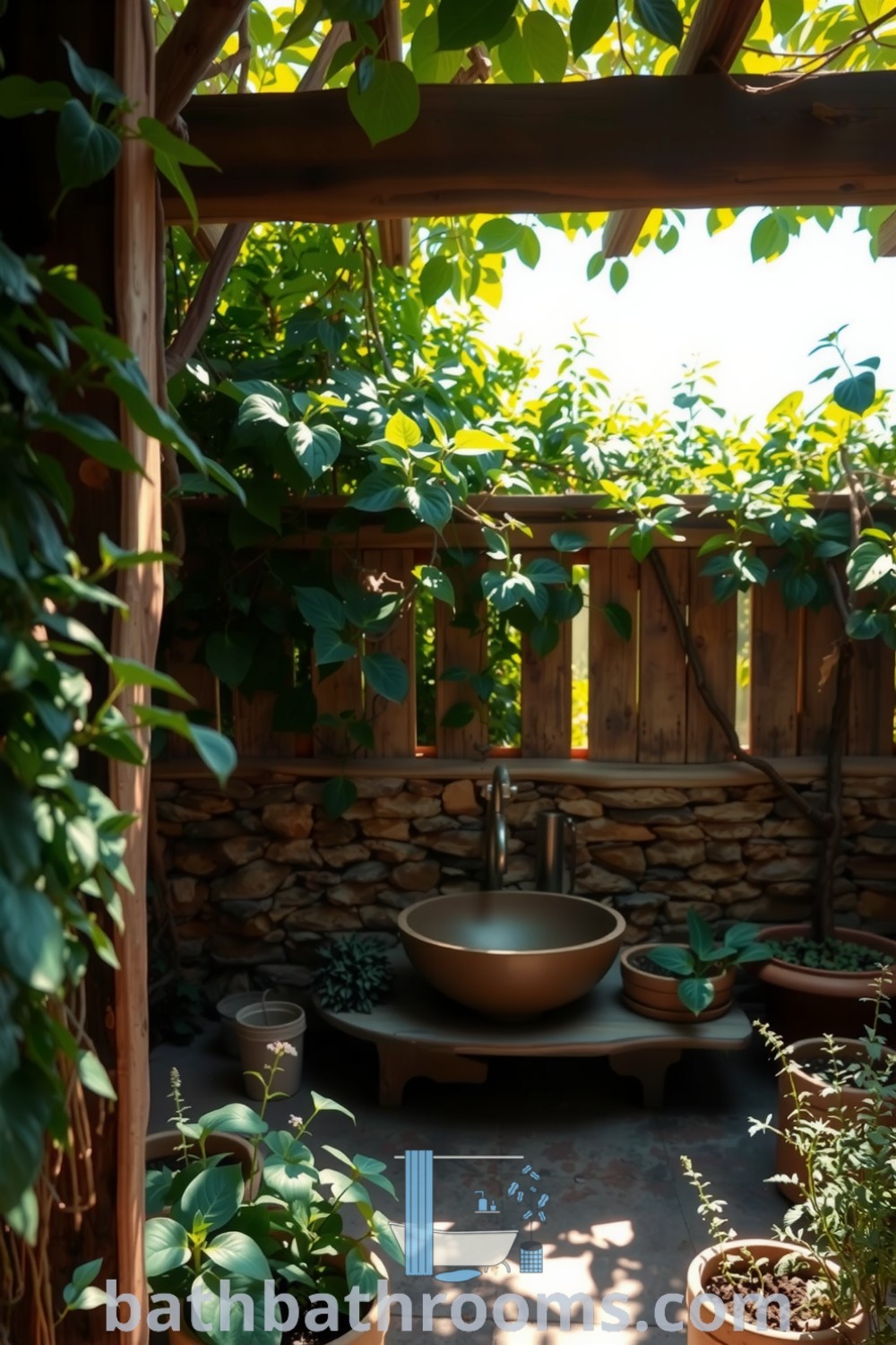 Cozy outdoor bathroom featuring wooden beams, a natural stone wall, an earthy washbasin, and potted herbs nestled in greenery, creating a tranquil atmosphere. Discover inspiring design ideas for your home at bathbathrooms.com.