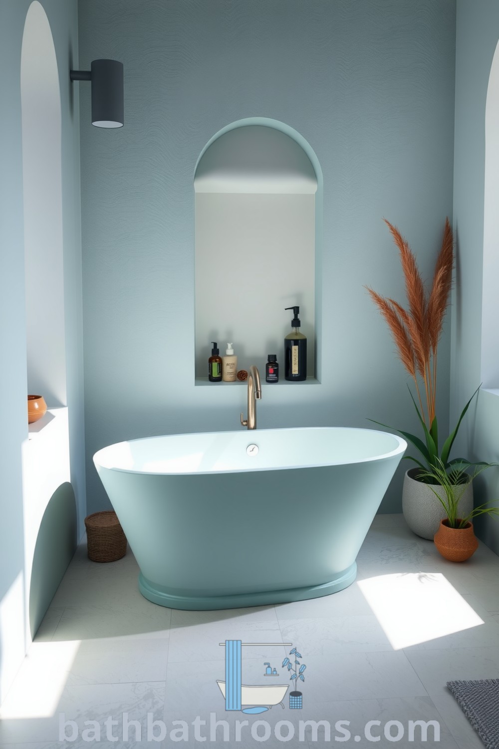 Minimalist bathroom featuring soft turquoise hues, a freestanding tub against light grey walls, natural wood accents, potted plants, and a serene atmosphere with sunlight streaming in. Discover cozy design ideas for your home at bathbathrooms.com.