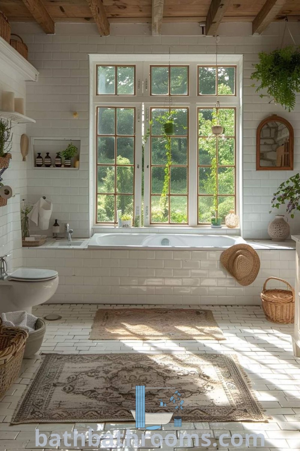 A cozy cottagecore bathroom featuring a tub, sink, and toilet by a large window, designed with warmth and charm reminiscent of hillside cottages or dream house farmhouses. Explore inspiring decor ideas for your home at bathbathrooms.com.