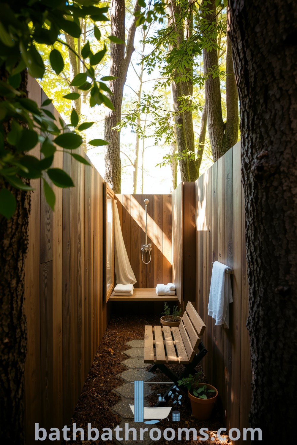 Outdoor bathroom nestled among tall trees with weathered wooden panels, open shower area, wooden bench with towels, and potted herbs, creating a cozy and inviting nature sanctuary. Explore more cozy decor ideas at bathbathrooms.com.