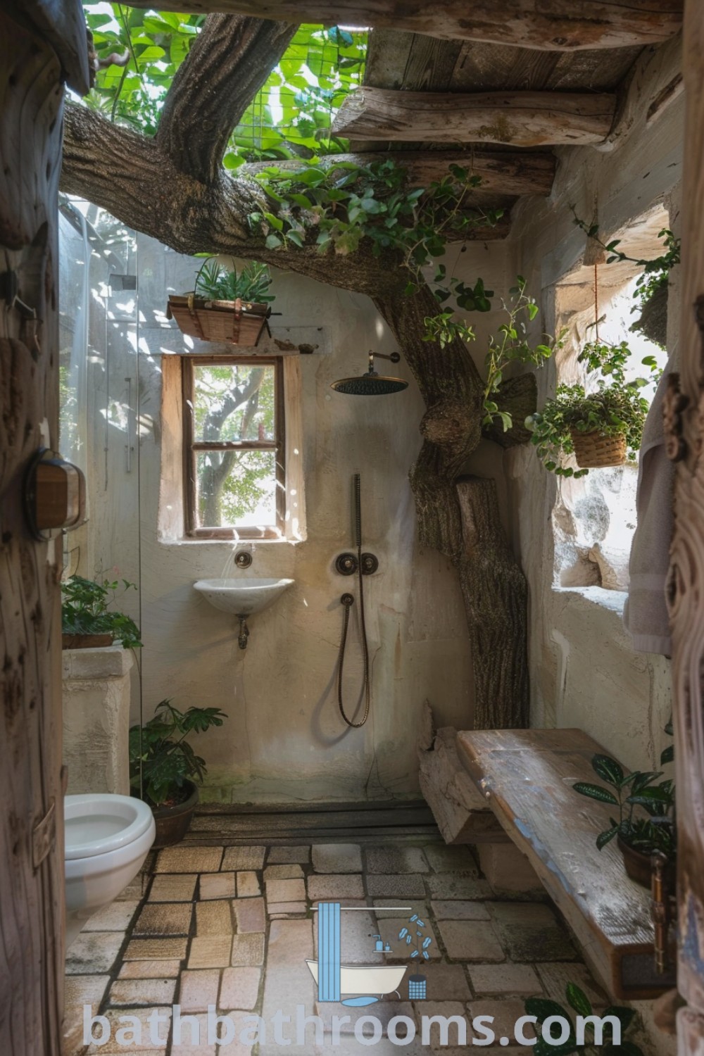 A small outdoor bathroom with a tree growing on the wall, showcasing cozy design ideas and natural decor inspirations. Ideal for maximizing style and space, this unique setup is perfect for tiny home bathrooms and aesthetic showers. Discover more ideas at bathbathrooms.com.