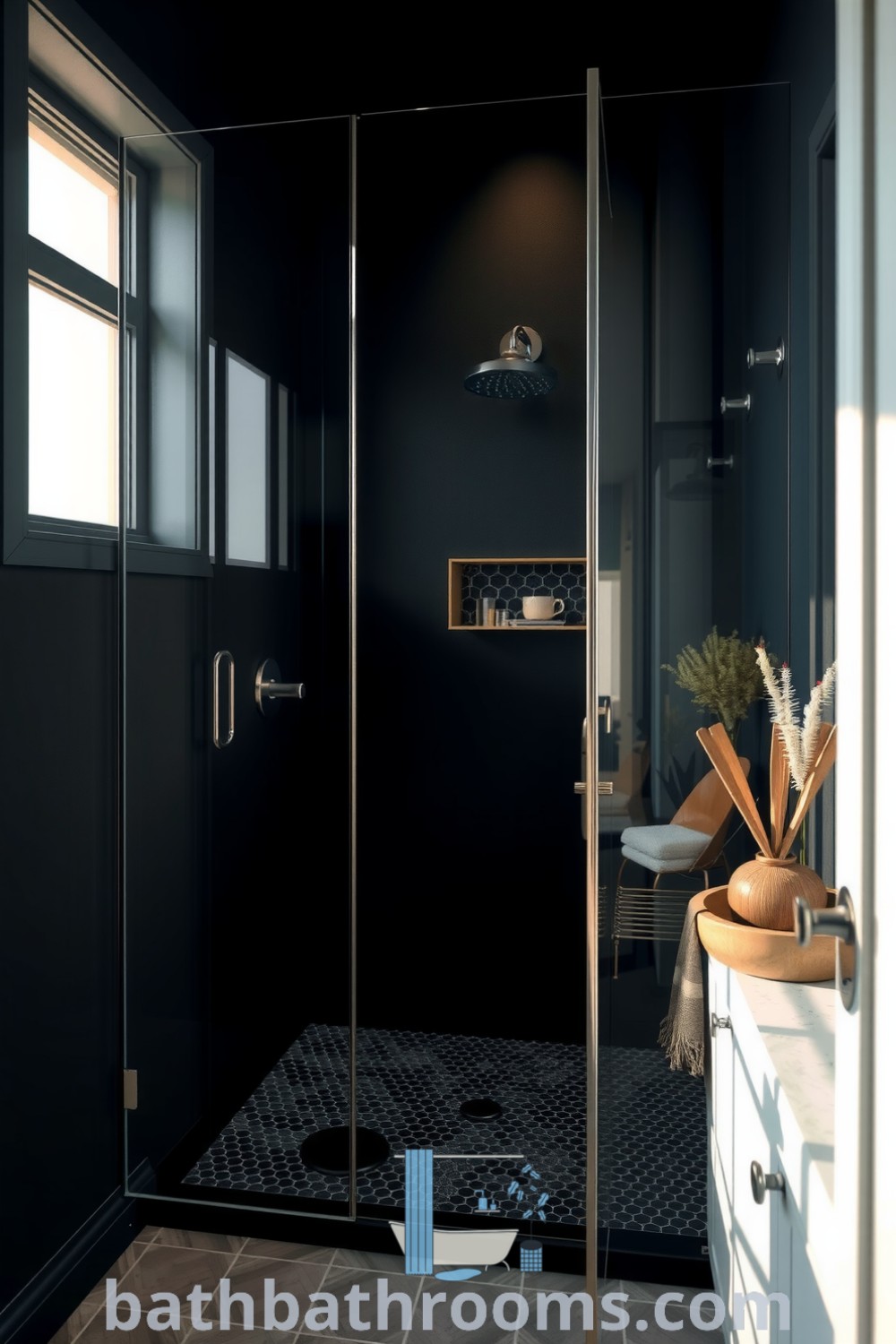 Stylish black bathroom featuring a frameless glass shower, textured walls, and wooden accents, creating a cozy and modern retreat. Discover inspiring decor ideas at bathbathrooms.com.