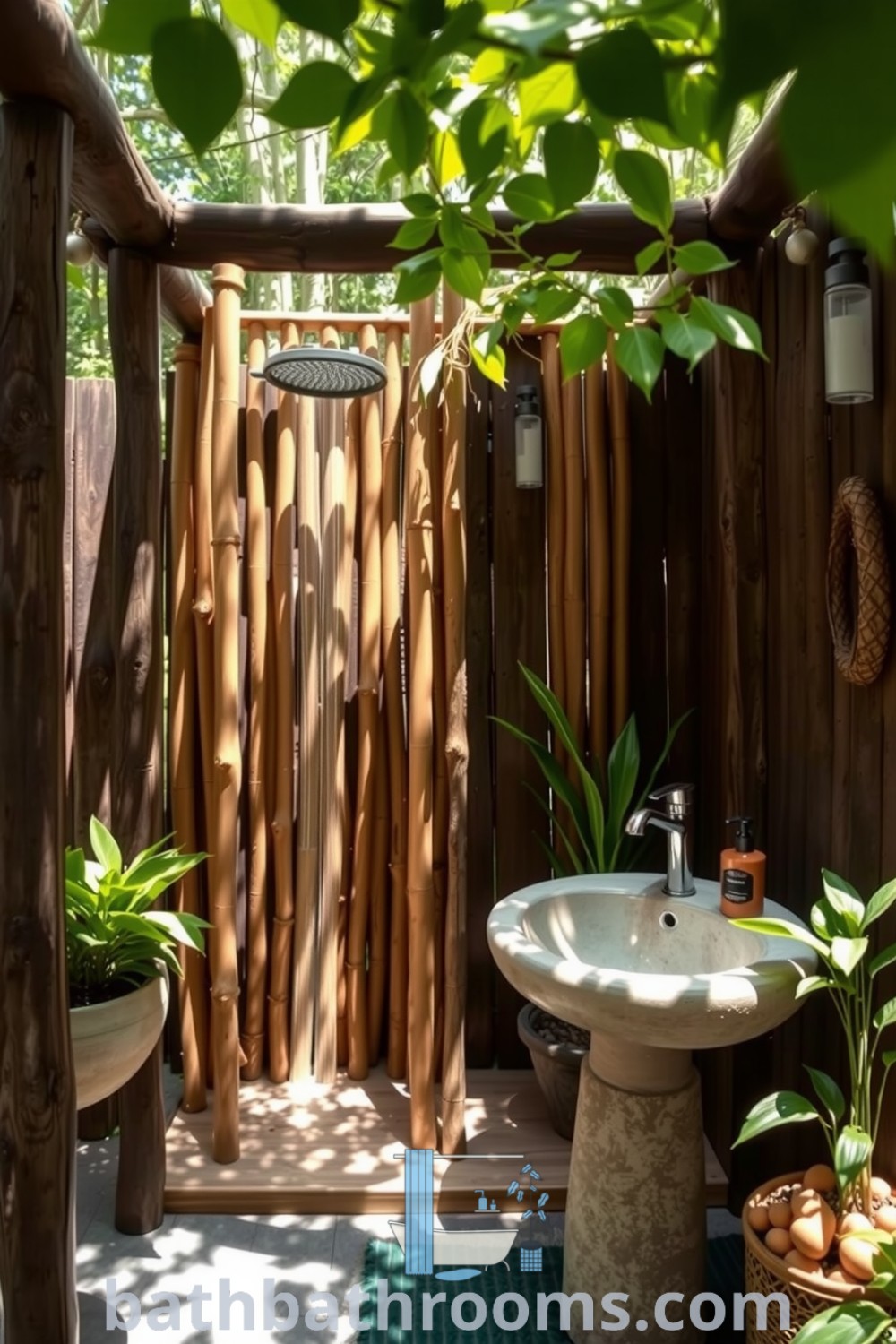 Eco-friendly outdoor bathroom with weathered wood posts, a bamboo shower, stone pedestal sink, and lush potted plants, creating a serene and inviting atmosphere. Discover unique ideas for your home at bathbathrooms.com.