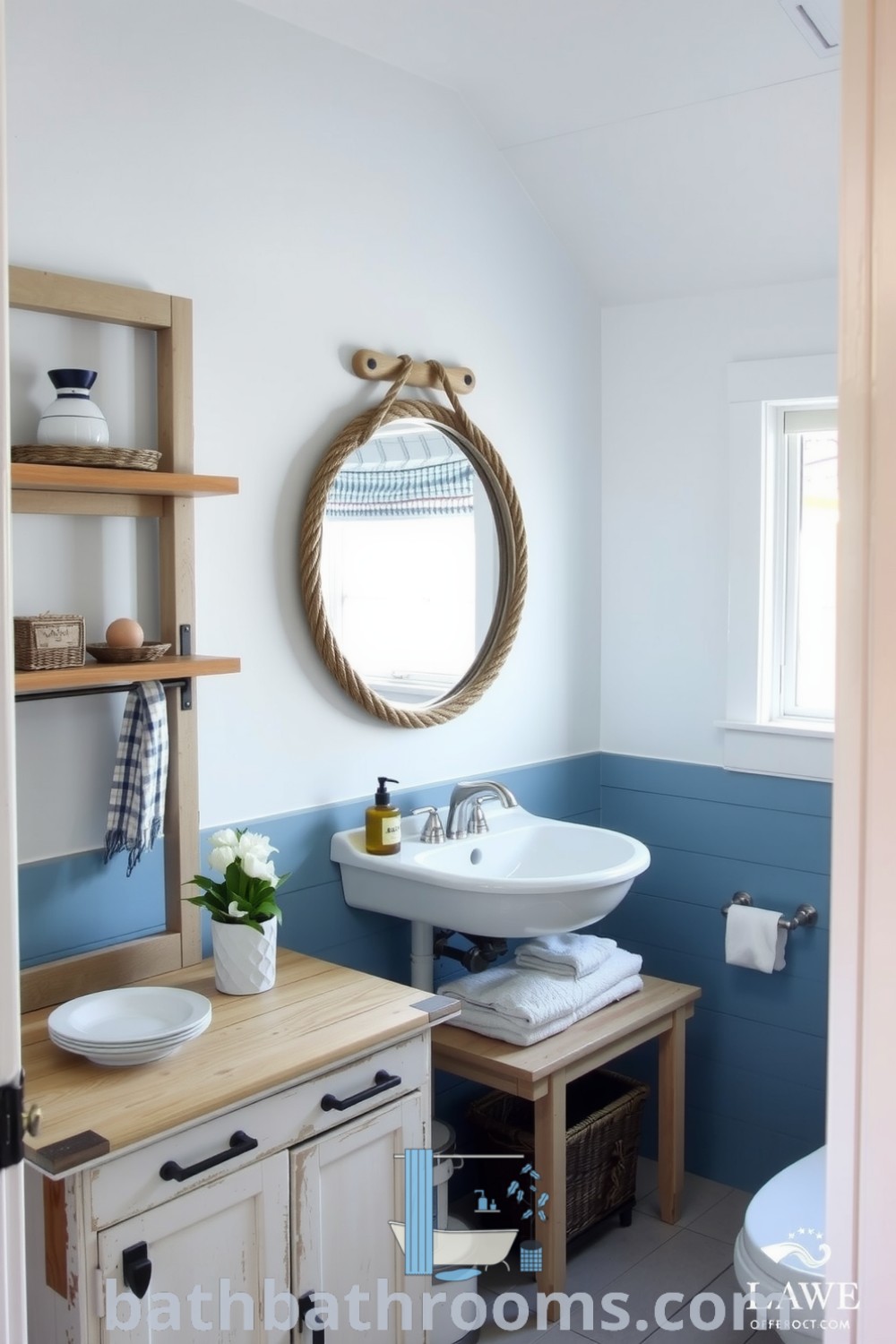 Nautical bathroom with soft blue and white tones, weathered wooden accents, driftwood shelves, and a round rope-framed mirror, creating a cozy and inviting atmosphere. Explore more inspiring decor ideas for your home at bathbathrooms.com.