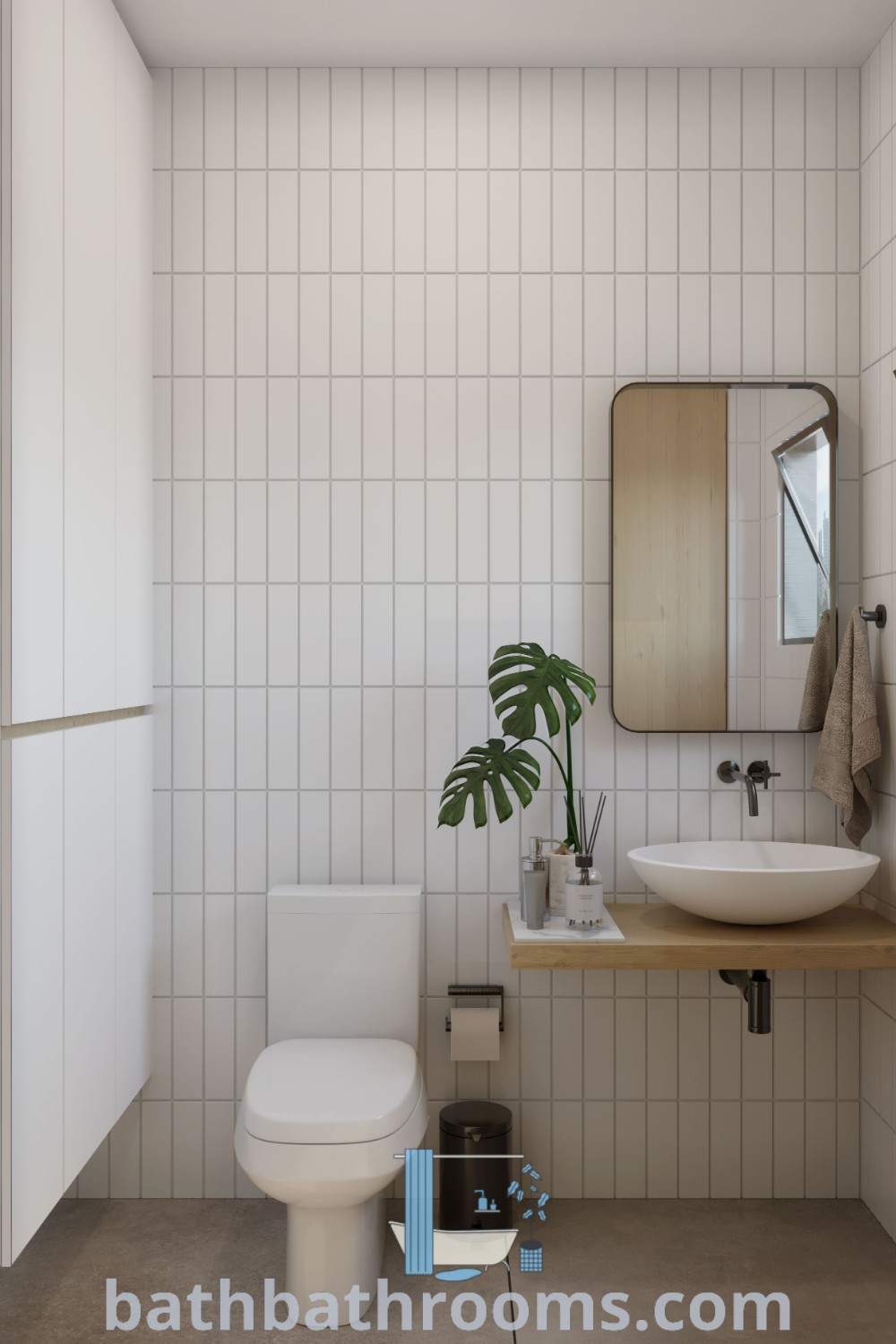 A modern bathroom showcasing a vertical subway tile design with black grout around a toilet, sink, and mirror on the center wall. The decor combines functional beauty with minimalism, perfect for bathroom remodels and unique design inspirations. Explore more ideas at bathbathrooms.com.