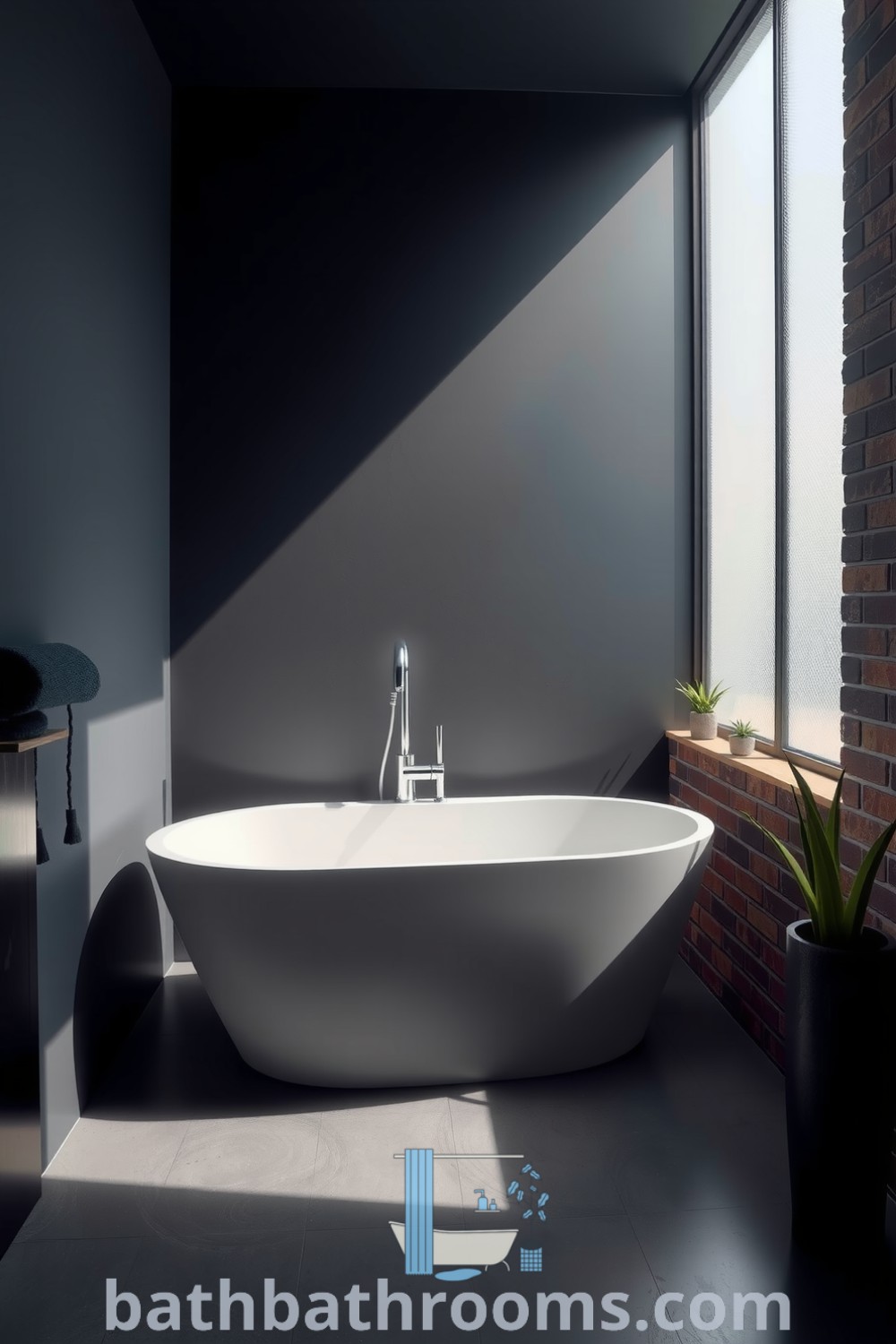 Elegant minimalist black bathroom featuring a freestanding tub on polished concrete, deep matte walls, and exposed brick accents, complemented by greenery for a calming atmosphere. Discover more decor ideas for your home at bathbathrooms.com.